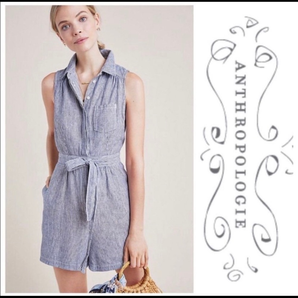 By Anthropologie Blue Pinstripe Romper EUC